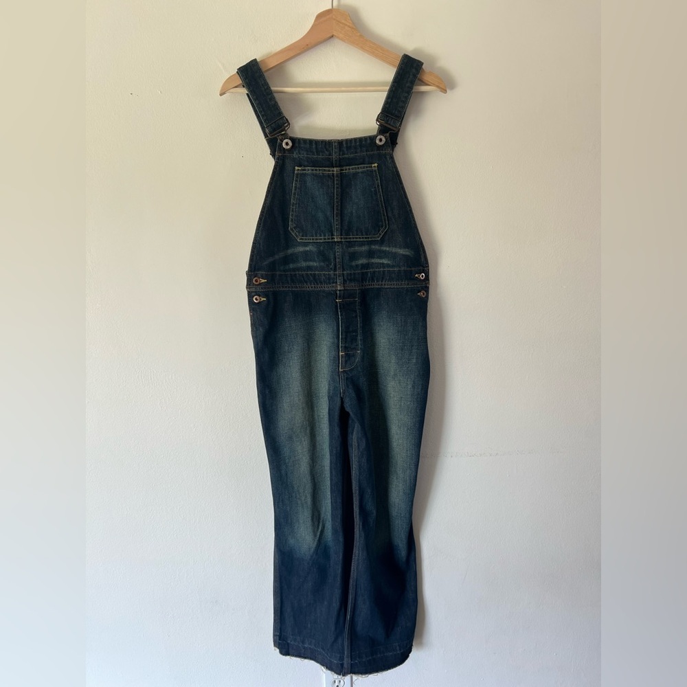 Buz Jones Dark Wash Wide Leg Cropped Frayed Cuff Denim Overalls Size Medium